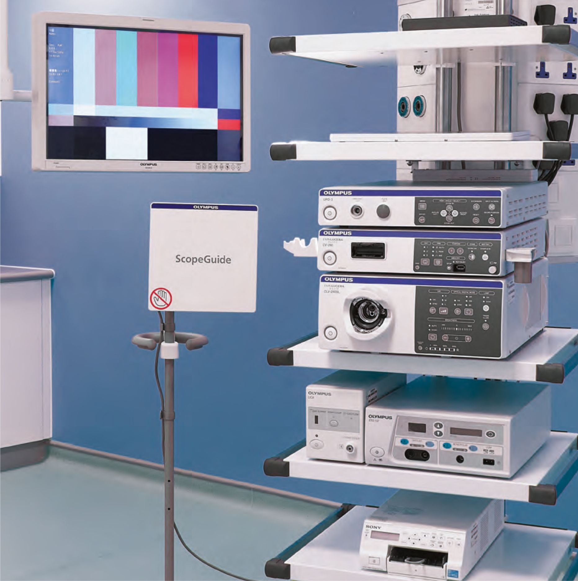 Endoscopy processor and light-source stack with medical monitor mounted in the procedure room