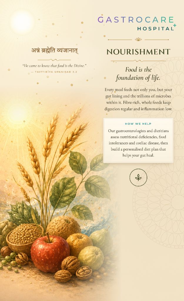 GastroCare Hospital artwork titled Nourishment, showing golden wheat, an apple, melon, walnuts and a bowl of grain in warm sunlight